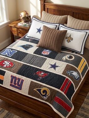 PB Teen NFL Quilt Patchwork Football Teams Applique Queen 69x84 Pottery Barn